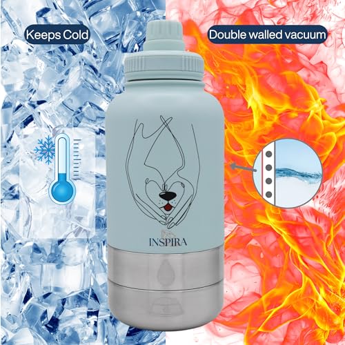 INSIPRA 32oz Dog Water Bottle with Food & Water Bowls – 3-in-1 Portable Pet Travel Bottle with Magnetic Phone Holder, Leakproof, BPA Free, Insulated (Blue) - color: BLUE