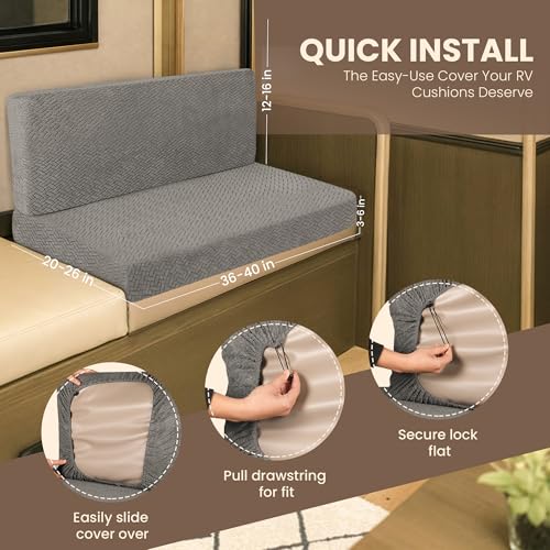 RV Dinette Cushion Covers – Short Backrest (12–16”H x 36–40”L) – 4-Piece RV Booth Seat Cover Set – No-Slip Drawstring Cord-Lock Fit – Washable, Modern Replacement Covers