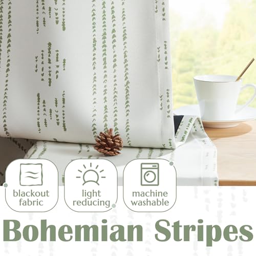 jinchan 95% Blackout Boho Kitchen Curtains 24 Inches Cafe Tier Curtains Bohemian Small Drapes for Bedroom RV Basement Half Window Room Darkening Thermal Insulated 2 Panels Geen on Beige - color: 95% Blackout | Green on Beige, size: 25"W x 24"L (Pack of 2)