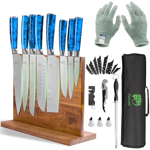FULLHI 15pcs Japanese Knife Set with Magnetic Knife Block Holder, Japan Stainless Steel Blades, Blue Resin Ergonomic Handles for Professional and Home Cooking - color: Blue, size: Magnetic Block Knife set