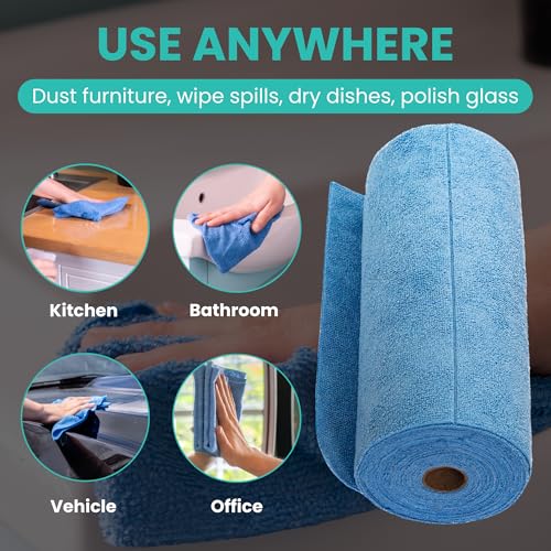 Microfiber Cleaning Cloth Roll Tearaway, 50 PCS Tear Away Towels, Reusable & Washable, Ultra Absorbent 12" x 12" Dish Rags for Car, Home, Kitchen, , 200 GSM Thickness, Paper Towel Alternative - color: Blue