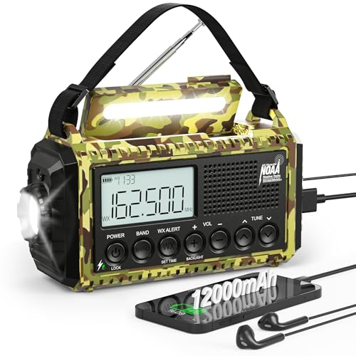 12000mAh/44400mWh Weather Radio, Hand Crank Emergency Radio Portable AM FM Shortwave, Solar Rechargeable Battery Powered Radio with NOAA Alert, USB-C Charger & Adapter, SOS Flashlight for Emergency - color: Camo Green