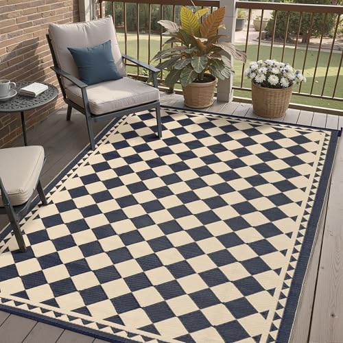 HUGEAR Outdoor Rug for Patios Clearance,Waterproof Mat,Large Outside Carpet,Reversible Plastic Straw Camping Rugs,Rv,Porch,Deck,Camper,Balcony,Backyard (5x8,Checkered/Black&Beige) - color: Checkered/Black&beige, size: 5' x 8' (Rectangular)