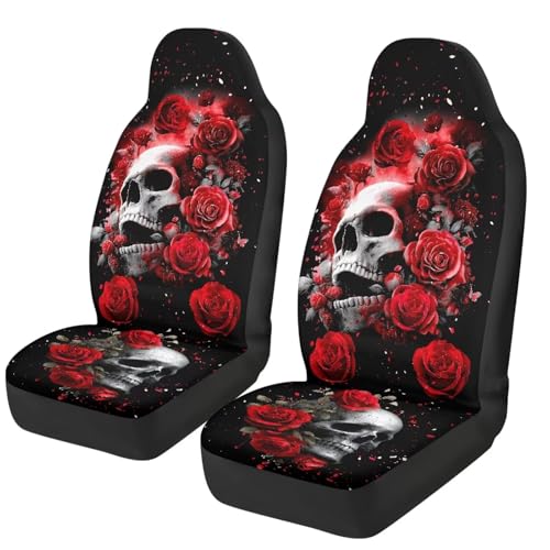 Bulopur Halloween Auto Seat Covers Front Seats Gothic Skull and Red Rose Car Seat Covers Set Car Accessories Interior Highback Bucket Covers for Most Cars - color: Gothic Skull and Red Rose