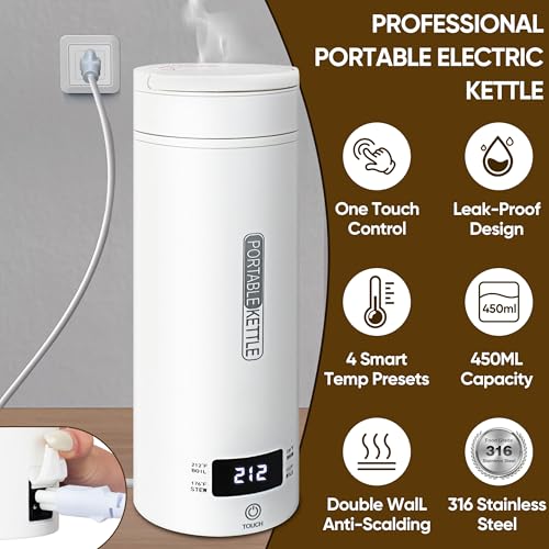 Portable Electric Kettle, Travel Tea Kettle, Small Hot Water Boiler Coffee Heater 450ML, 316 Stainless Steel, 4 Temperature Settings with Fast Boiling Water Auto Shut-off Boil Dry Protection (White) - color: White