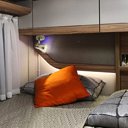THALASSA RV Overhead Reading Light 12V LED Spotlight Camper Motorhome Interior Warm Light Brushed Nickel with Blue Small Reminder Light, Adjustable Touch Dimmer Switch 3W DC 10-30V - color: Brushed Nickel Finish
