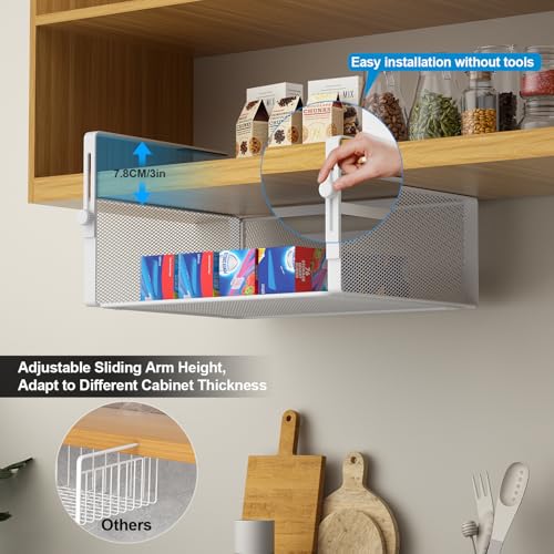 AmonHouseware 2Pack Under Shelf Basket Organizer,Adjustable Hanging Holder for Cabinet Pantry Kitchen Cupboard Desk Counter Bookshelf Organization Add-on Space Saver Heavy Duty Slide-in (White, Large) - color: White