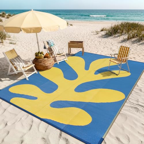 Lahome Plastic 8x10 Outdoor Beach Pool Rug, Coastal Coral Camping Rugs for Outside Your Rv, Lightweight Waterproof Outdoor Carpets for Picnic Patio, Blue/Yellow 8'x10' - color: Blue Yellow, size: 8' x 10' (Rectangular)