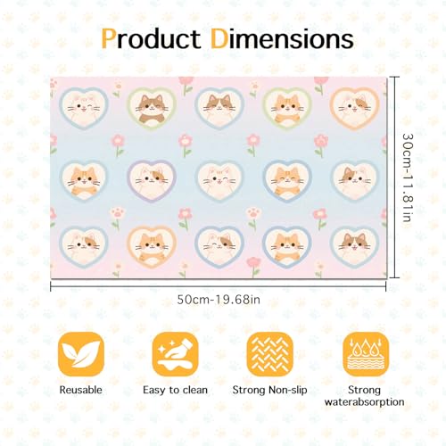HOMETITUTE Cat Food Mat Pastel Heart Kitten Print, Non-Slip Elegant Pet Bowl Placemat for Indoor Cats, 20" x 12" - color: colorful1