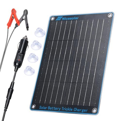 Nicesolar 10W 12V Solar Panel Car Battery Trickle Charger & Maintainer with Cigarette Lighter Plug & Alligator Clip for Car Automotive Motorcycle Boat Marine Snowmobile Watercraft RV