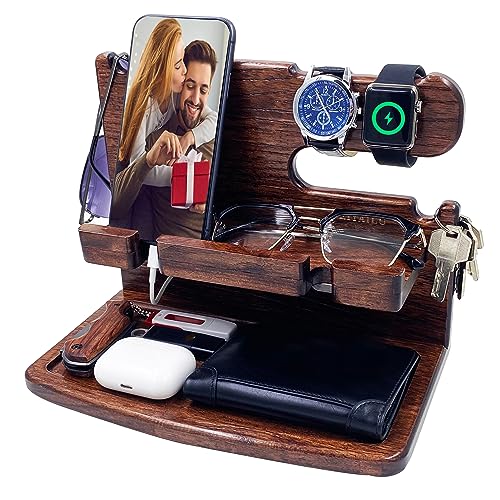 VEIYAILU Gifts for Men Women Dad Husband Boyfriend Wood Phone Docking Station Nightstand Organizer for Men Birthday Gifts (Dark Brown) - color: dark brown