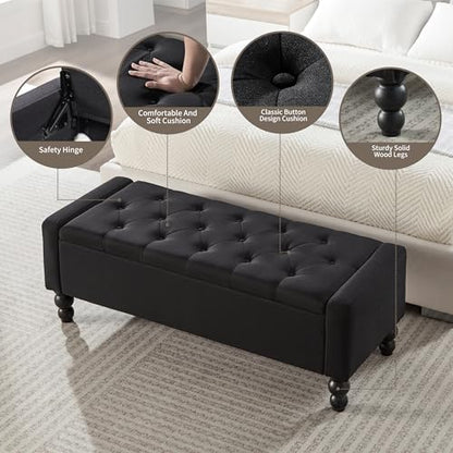 50" W Storage Ottoman Bench with Safety Hinge, Load up to 660 lb Ottoman with Storage, Upholstered Tufted Entryway Bench with Seating for Living Room, Bedroom, Entryway, Black - color: Black