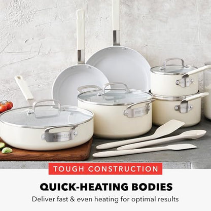GreenPan x Bobby Flay 13 Piece Nonstick Cookware Pots and Pans Set, PFAS-Free Diamond Ceramic, Induction Suitable, Easy Clean Dishwasher & Oven Safe, Stay-Cool Silicone Handles, Glass Lids, Cream - color: Cream