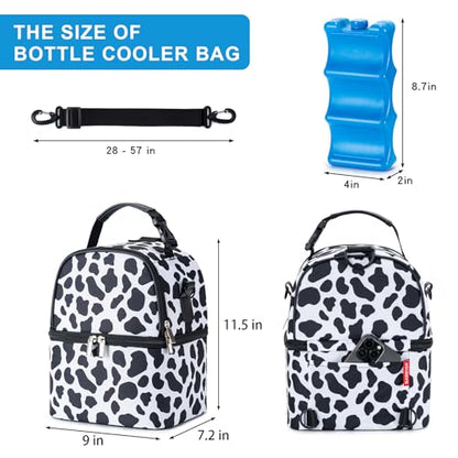 Breastmilk Cooler Bag with Ice Pack Fits 6 Baby Bottles up to 9 Ounce, Breast Milk Pump Cooler Bag with Shoulder Strap for Nursing Mom Daycare, Work, Travel - color: Cow