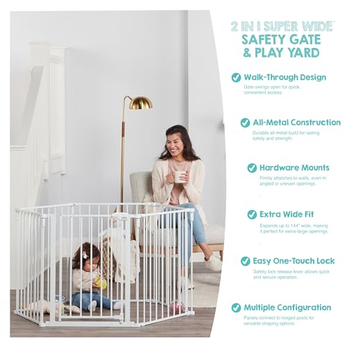 Regalo Safety 144" Super Wide Baby Gate & Play Yard, 2-in-1 Adjustable 6-Panel Safety Gate for Doorways & Large Openings, Hardware Mounted Gate for Babies, Toddlers & Pets - color: White, style: 144"W x 28"H
