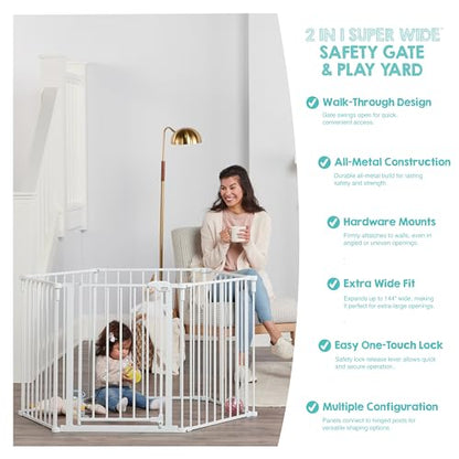 Regalo Safety 144" Super Wide Baby Gate & Play Yard, 2-in-1 Adjustable 6-Panel Safety Gate for Doorways & Large Openings, Hardware Mounted Gate for Babies, Toddlers & Pets - color: White, style: 144"W x 28"H