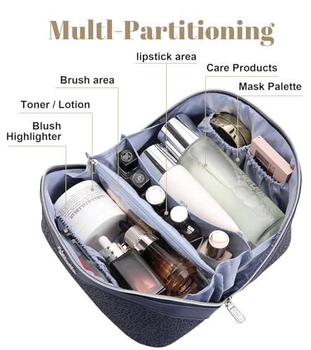 BOYATU Travel Makeup Bags Cosmetic Organizer Bag: 3 Pcs Set Large Capacity Make up Bag with Compartments - Waterproof Leather Toiletry Bags with Handle for Women (A-Dard Blue) - color: A-Dard Blue