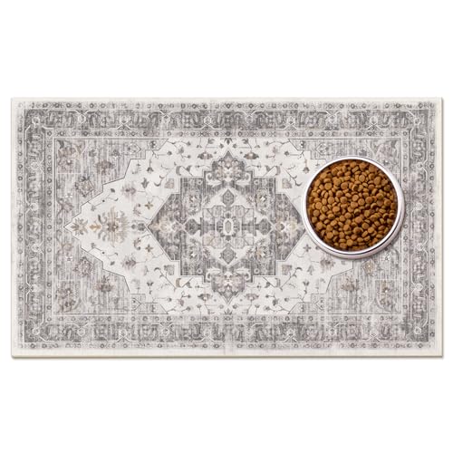 Boho Dog Feeding Mat, Absorbent Cat Matt for Food, Non Slip Pet Water Bowl Placemat Small for Floor, Beige & Charcoal & Brown Indoor Dog Eating Dish Mat 12"x20" - color: Beige & Charcoal & Brown, size: 12"L x 20"W