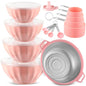 Ziliny 4 Pcs Mixing Bowls with Lids Plastic Nesting Bowls Set with Stainless Steel Colander 8 Pcs Measuring Cups and Spoons Set and Foldable Kitchen Funnel for Kitchen Cooking Accessories (Pink)
