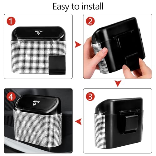 NBTEPEM Bling Car Trash Can with Lid - 2 Pack, Mini Auto Garbage Can with 60 Trash Bags, Automotive Garbage Container Bin, Bling Car Accessories Trash Can for Women (Silver Diamond) - color: Silver Diamond
