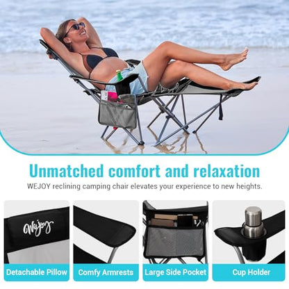#WEJOY 2-in-1 Reclining Camping Chair with Footrest for Adults Folding Lounge Chair with Adjustable Backrest Lightweight Camping Chairs Heavy Duty Camp Chairs for Outdoor - color: 2 Pack Black Grey