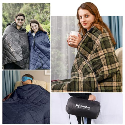DUKUSEEK Large Camping Blanket - Waterproof, Quilted, Extra Thick Fleece, Warm, Windproof, Wearable, Includes Foldable Hood and Stuff Sack for Car, Outdoor Sports, Picnics, Stadiums, Dogs - color: Black Outer With Red Plaid Fleece