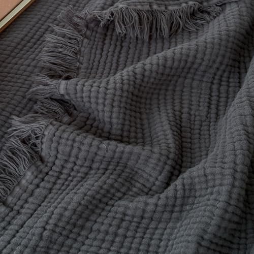 MorroMorn 100% Cotton Muslin Blanket with Fringes Twin Size 60"x80", 4-Layer Gauze Blankets for Adults, Boho Bedding Breathable Lightweight Ultra-Soft for Couch Bed All Seasons, Dark Grey - color: Dark Grey, size: Twin 60"x80"