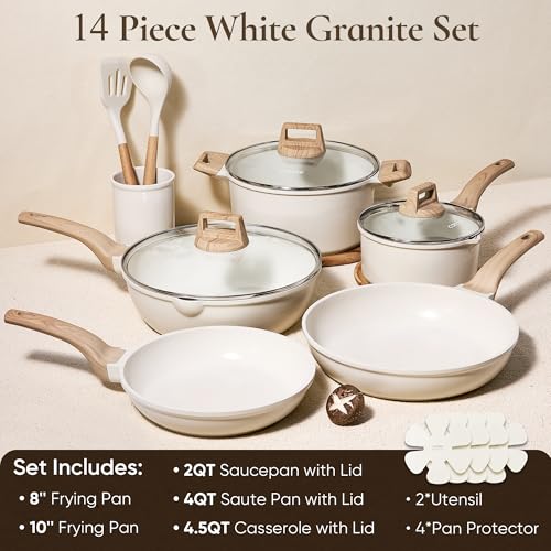 CAROTE 14 Pcs Pots and Pans Set Nonstick,Cookware Set Kitchen Cooking Set with Utensil and Pan Protectors - color: Cream White, size: 14 Piece
