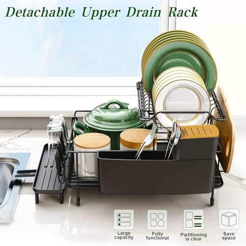 Runnatal Large Dish Drying Rack with Drainboard Set, Stainless Steel Detachable 2-in-1 Large-Capacity 2-Tier Over The Sink Anti-Rust Dish Rack and Dish Drainer for Kitchen Counter - size: 2-Tier