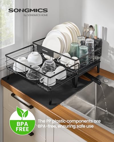 SONGMICS Dish Drying Rack, Kitchen Dish Rack with Drainboard, 360° Rotatable and Extendable Spout, with Cutlery Holder, (12.2-22) x 16.5 x 7.9 Inches, Ink Black UKCS552B01 - color: Ink Black, style: with Holder