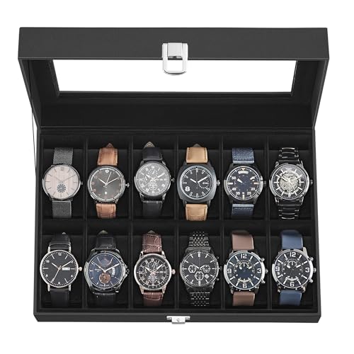 SONGMICS Watch Box, 12-Slot Watch Case Organizer with Large Glass Lid, Removable Pillows, Fathers Day Gift for Dad, Black Synthetic Leather, Black Lining UJWB012B01 - color: Black + Black, size: 12 Slot