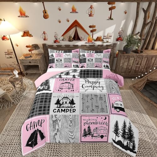 Erosebridal Girls Pink Camper Bedding Set Queen Happy Camping Comforter Set Rv Decor for Inside,Camper Accessories for Travel Trailers Comforter,Black Grey Buffalo Plaid Pine Tree Arrow Quilt - color: Pink Grey, size: Queen