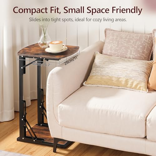 MAHANCRIS Folding C Shaped End Table, Adjustable Small Sofa Side Laptop Desk, Foldable Couch TV Tray Table for Small Spaces, Living Room, Bedroom, Rustic Brown ETHR4101