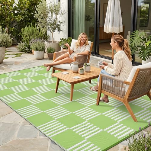 Garvee Waterproof Outdoor Rug 6x9, Checkered Foldable Plastic Straw Patio Camping Rug, Outdoor RV Carpet for Deck Camper Porch Balcony Backyard Picnic Beach Green and White - color: Green & White, size: 6' x 9'