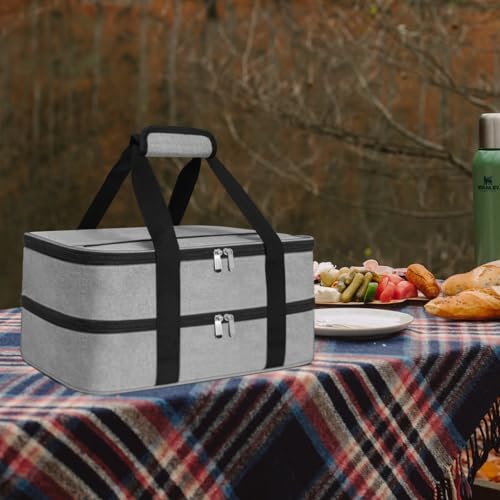 esouler Double Insulated Casserole Carrier Bag Hot & Cold Food Carrier Bag Lasagna Holder Lunch Bag for Picnics, Parties, Travel, Fits 9 x 13 Inches Casserole Dish-Grey - color: Grey, size: 16x10x7.2 in