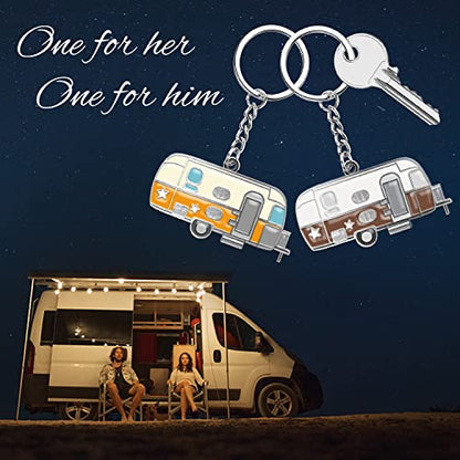 Camper Keychain Happy RV Keyring RV Keychain Couples Keychain Set Gifts for Men Women Camping Accessories 2 Pack - color: Orange&coffee Brown