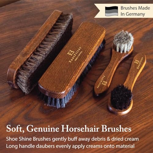 FootFitter Beech Wood Valet Box, Premium Shoe Shine Organizer with Classic Storage for Polish, Brushes, Cloths & Tools - color: Dark Creams Set