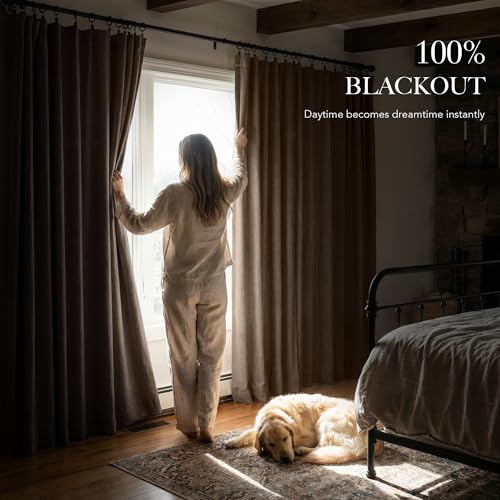 RYB HOME Brown 100% Blackout Curtains 84 inches Long, Thermal Insulating Privacy Energy Saving Linen Curtains for Bedroom Living Room Window Office Theater Dining Nursery, W52 x L84, 2 Panels - color: Brown, size: 52"W x 84"L (Pack of 2)