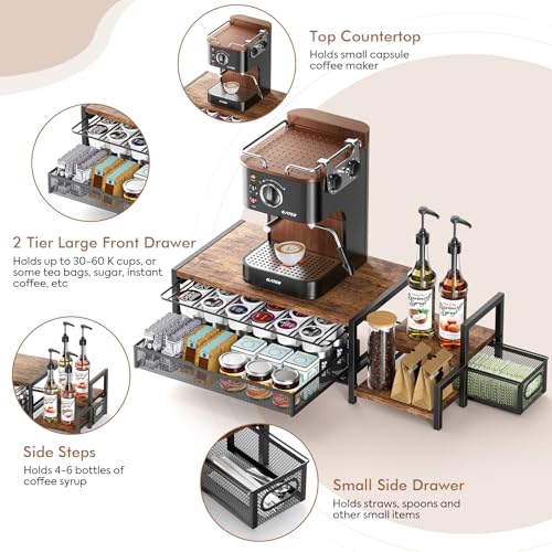 K Cup Holder, 2-Tier Coffee Pod Holder for 48 Pods, K Cup Drawer Organizer with Sliding Storage Drawer, Coffee Bar Station Organizer for Countertop, Space Saving, Home & Office, Brown - size: 22.3"×9.5"×6.7"
