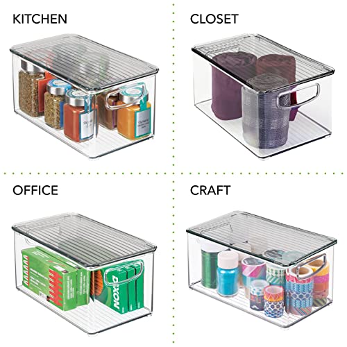 mDesign Plastic Deep Storage Bin Box Container with Lid and Built-In Handles - Organization for Fruit, Snacks, or Food in Kitchen Pantry, Cabinet, Cupboard, Ligne Collection, 4 Pack, Clear/Smoke Gray