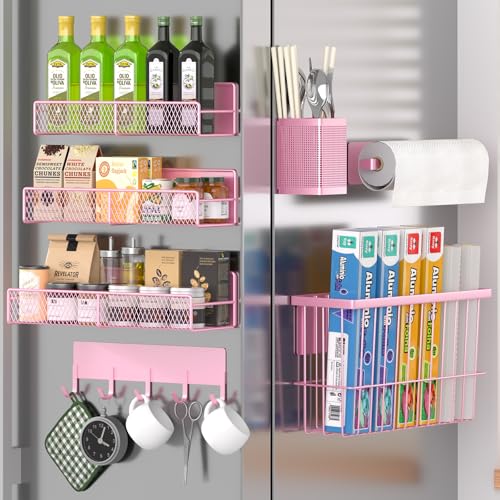 DTUQYX Magnetic Spice Rack for Refrigerator, 7 Pack Metal Magnetic Shelf, Moveable Magnetic Storage Fridge Organizer Pink, Spice Organizer, Hook Rack, Paper Towel Holder, Cutting Board Holder, HM5470 - color: Pink, style: Large 7 Pack