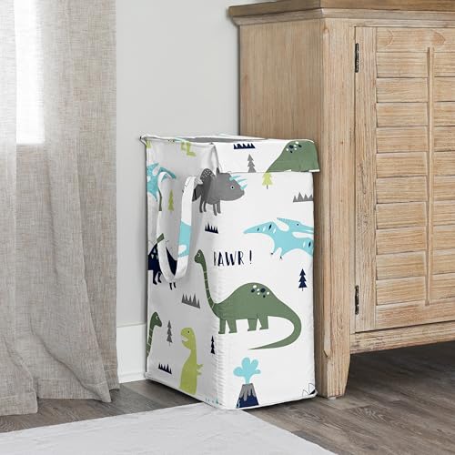 Sweet Jojo Designs Blue Green Modern Dinosaur Boy Laundry Hamper Foldable Dirty Clothes Basket with Handles for Baby Nursery Kids Bedroom Teen Bathroom Dino Dinosaurs Prehistoric Boho Bohemian Volcano - color: Blue and Green Dinosaur