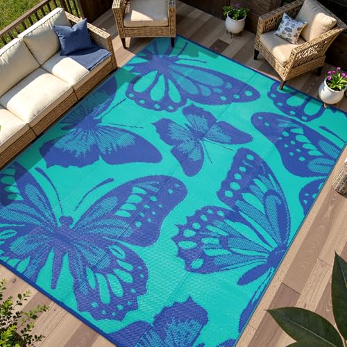 Anidaroel Butterfly Patio Rugs Outdoor 8X10 Waterproof, Reversible Plastic Straw Outside Area Rug, RV Outdoor Mat for Under Awning, Pool Deck, Picnic, Porch (Purple&Green,8‘X10') - color: Blue Butterfly, size: 8' x 10' (Rectangular)