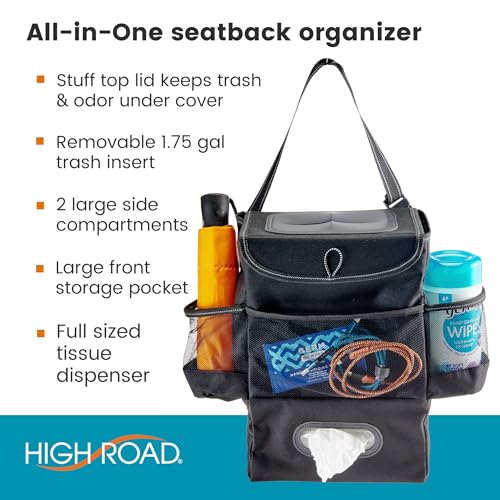 High Road StashAway Car Trash Can with Tissue Holder - Car Organizer with Trash Can, Tissue Dispenser and 3 Storage Pockets for Bottles, Flasks, Wipes and Driving Essentials
