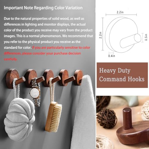 Wooden Wall Hooks 4 Pack Walnut Brown Adhesive for Hats Towels Coats | Solid walnut, Splinter free, No drill 3M adhesive & sealant, Rustic farmhouse, For entryway bathroom bedroom closet