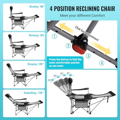 #WEJOY 2-in-1 Reclining Camping Chair with Footrest for Adults Folding Lounge Chair with Adjustable Backrest Lightweight Camping Chairs Heavy Duty Camp Chairs for Outdoor - color: Black Grey