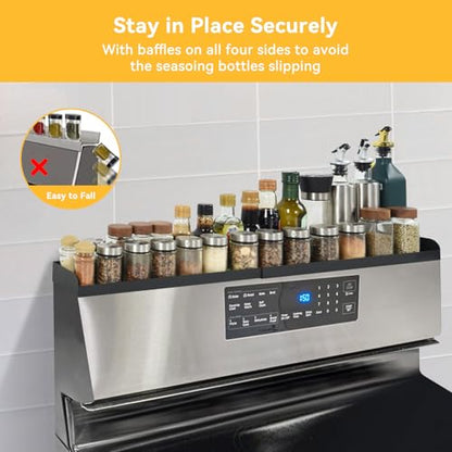 OTraki Magnetic Stove Top Shelf Spice Rack for Stove Adjustable 16-32 inch Stainless Steel Over the Stove Shelf Magnetic Rack Seasoning Organizer with 4 Hook Black