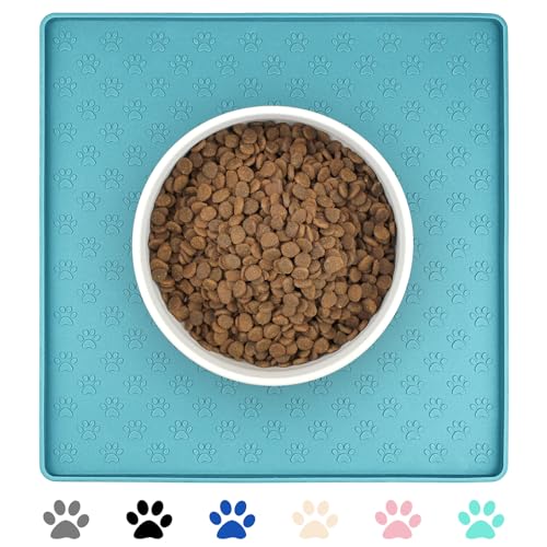 Ptlom Dog Food Mat Anti-Slip Bowl Mats for Food and Water, Waterproof Silicone Pet Placemat with High Raised Edges, Non-Slip Puppy Feeding Tray for Small, Medium Large Cats Dogs, Blue, 11.8"x11.8" - color: Blue, size: 11.8"L x 11.8"W