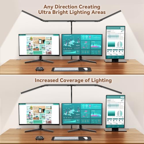 Pzloz Led Desk Lamps for Home Office - Eye Caring Architect Lamp with Clamp, Double Head Computer Monitor Work Desk Light with Remote Control: 24W Flexible Dimmable Desktop Table Lamp - color: Black Plus