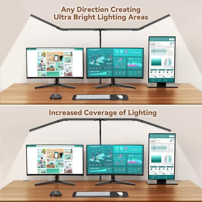 Pzloz Led Desk Lamps for Home Office - Eye Caring Architect Lamp with Clamp, Double Head Computer Monitor Work Desk Light with Remote Control: 24W Flexible Dimmable Desktop Table Lamp - color: Black Plus